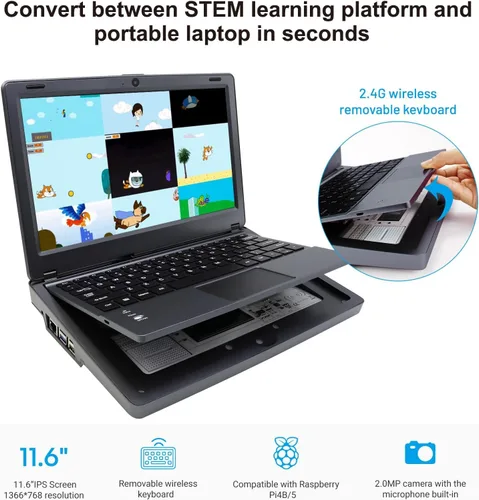 Vista 4 de ELECROW Crowpi2 - Kit todo en uno para Raspberry Pi 5, kit todo en uno para laptop Raspberry Pi con pantalla de 11.6 pulgadas (kit básico)