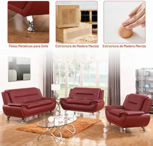 Vista 4 de Juego de sofá de cuero para sala de estar, juego de muebles de sala de estar de 3 piezas, juego de sofá moderno con sofá de 3 plazas, sofá biplaza