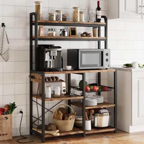 Vista 9 de IDEALHOUSE Estante para panaderos con toma de corriente, barra de café con cajón de alambre, soporte industrial para microondas, mesa de buffet