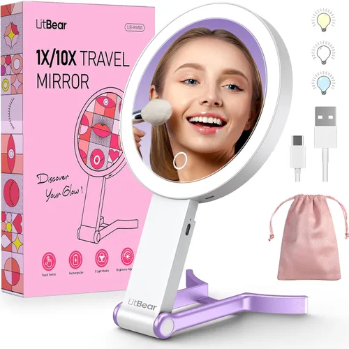 Vista 9 de LitBear Espejo de maquillaje de viaje con luz, espejo de aumento recargable de doble cara 10X/1X, espejo de belleza iluminado portátil, iluminación