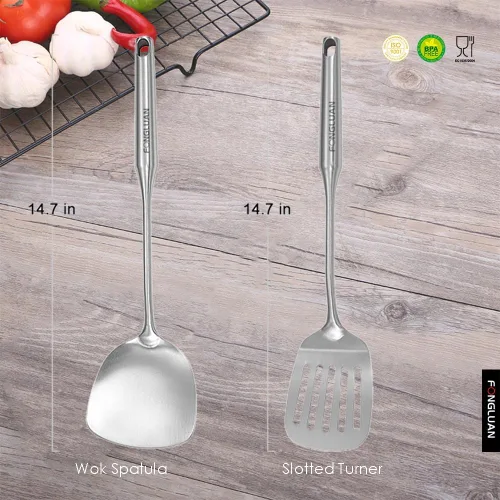 Vista 8 de Juego de 2 espátulas de acero inoxidable, espátula ranurada, espátula wok, utensilios de cocina de metal resistente para cocinar