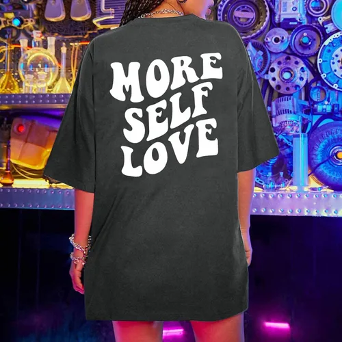 Vista 9 de Más camisetas con eslogan de amor propio para mujer, camisetas de verano de gran tamaño, camisetas gráficas de hombros caídos, camiseta de manga
