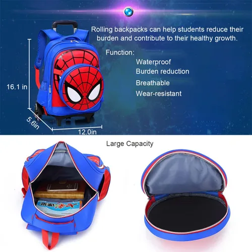 Vista 6 de Six Wheels Trolley Maleta escolar para niños y niñas, mochila Oxford para vacaciones, equipaje de viaje para niños, Negro-2