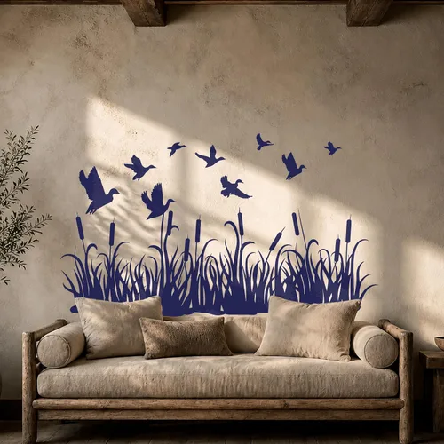 Vista 3 de Vinilo adhesivo para pared, diseño de patos de caza, prado, hierba, naturaleza, mural, decoración grande (g3785), color negro