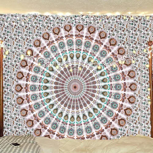 Vista 32 de Tapiz hippie indio bohemio psicodélico dorado azul pavo real mandala colgante en la pared (negro blanco, Queen (84 x 90 pulgadas) (84.6 x 90.6 in)