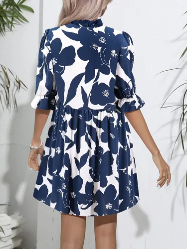Vista 3 de JECEIKA Vestidos de manga abullonada para mujer 2023 primavera verano con volantes y cuello alto falso floral, mini babydoll con vuelo