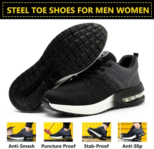 Vista 5 de Zapatos con punta de acero para hombres y mujeres, ligeros, cómodos, indestructibles, antideslizantes, zapatos de seguridad con cojín de aire