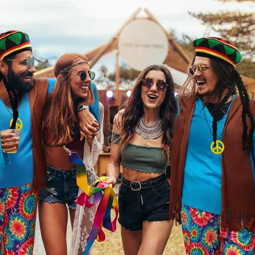 Vista 7 de Geyoga 5 piezas de disfraz hippie de los años 60 y 70 para hombres y mujeres camisa de pantalón hippie chaleco de imitación con rastas