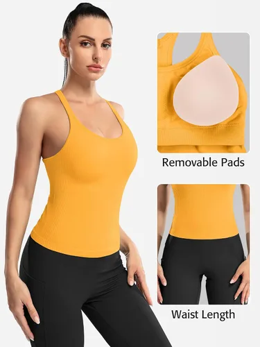 Vista 144 de ATTRACO Camiseta corta acanalada de entrenamiento para mujer con brasier integrado para yoga, espalda cruzada, ajuste ajustado