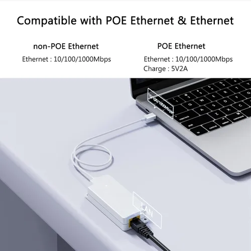 Vista 3 de Convertidor Gigabit PoE a USB C, adaptador USB-C a Ethernet con carga de 10