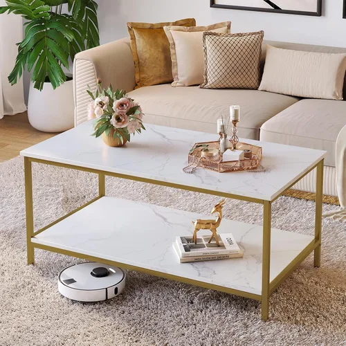 Vista 7 de SAYGOER Mesa de centro moderna de 2 niveles para sala de estar, mesas de centro de oro blanco, mesa rectangular industrial de madera para espacios