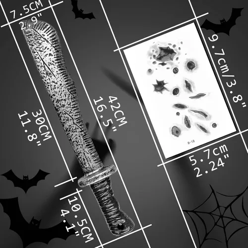 Vista 4 de Hyperzoo Cuchillo falso de plástico para disfraz de cosplay de Halloween con 30 hojas de calcomanías de tatuaje de Halloween