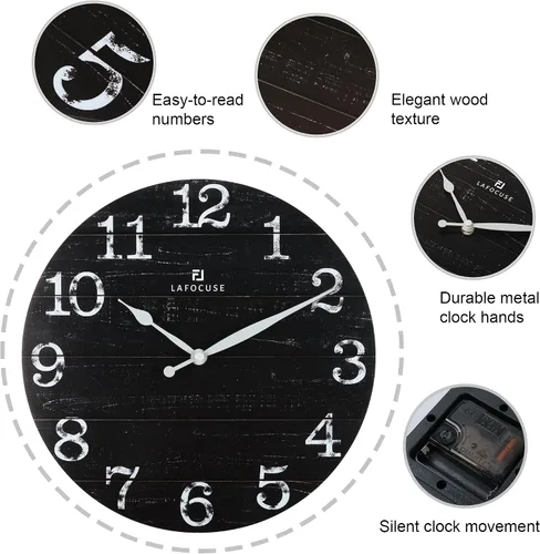 Vista 6 de Lafocuse Relojes de pared negros silenciosos de 12 pulgadas para decoración de cocina, sala de estar, reloj de pared rústico de madera, funciona