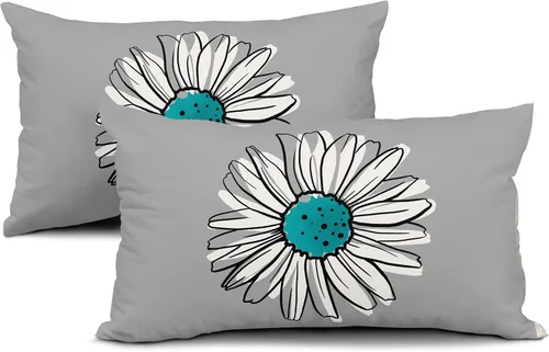 Vista 8 de Juego de 2 fundas de almohada de margaritas turquesa de 12 x 20 pulgadas, fundas de almohada florales de madera floral moderna abstracta de flores