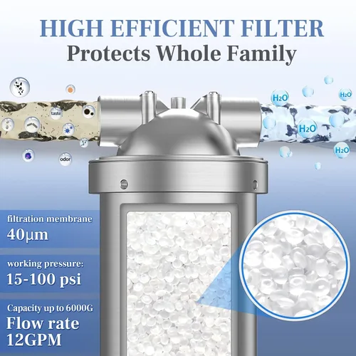 Vista 3 de Filtro de agua para toda la casa, carcasa de filtro de acero inoxidable, filtro de sedimentos de 10 x 4.5 pulgadas, sistema de prefiltración