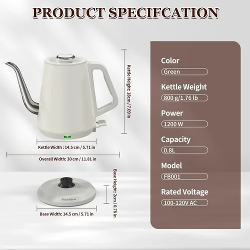 Vista 7 de Hervidor eléctrico de cuello de cisne de 0.8 L, acero inoxidable de ebullición rápida de 1200 W, apagado automático, hervidor de precisión para café
