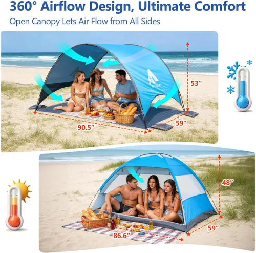 Vista 2 de Toldo para sombrilla de playa mejorado 2026 con protección UV UPF 50+, tienda de playa portátil para sol, ventilación de 360°, 4 bolsas de arena