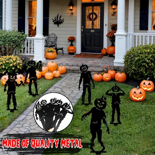 Vista 5 de 5 carteles de metal de Halloween para patio, decoraciones al aire libre, arte de metal negro, estacas de patio, esqueleto reutilizable, letrero