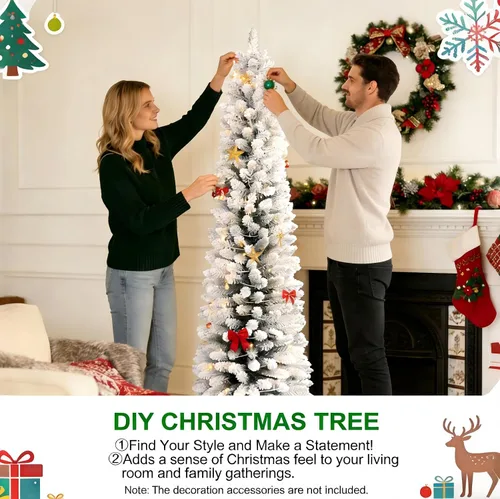 Vista 6 de Árbol de Navidad artificial de 5 pies con lápiz, para el hogar, oficina, decoración de vacaciones, árbol flocado blanco para espacios pequeños