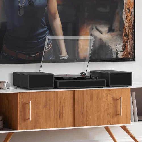 Vista 2 de Tocadiscos con 2 altavoces externos, tocadiscos con entrada Bluetooth, accionado por correa, 33, 45, 78 RPM, tocadiscos LP para discos de vinilo