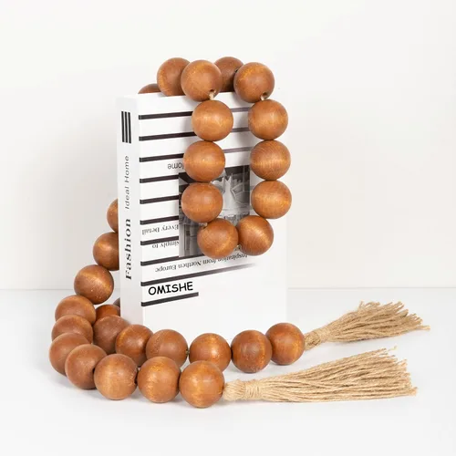 Vista 105 de OMISHE Guirnalda de cuentas de madera extra grande con cuentas de madera y borlas de 1.6 pulgadas de diámetro, cuentas decorativas rústicas de 41