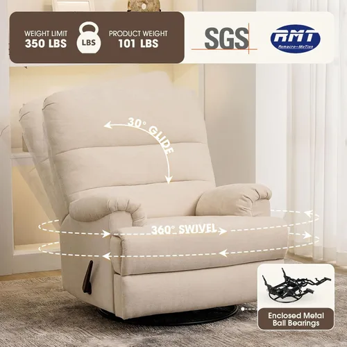 Vista 5 de Mecedora Divanus, grande, estilo balancín, reclinable, beige, giratoria, silla reclinable con respaldo alto, para cuarto de bebé o sala de estar