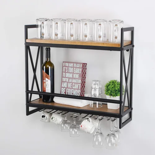Vista 6 de MBQQ Estantes de vino rústicos montados en la pared con soporte para vidrio de 6 vástagos, estante de vino industrial de metal de 23.6 pulgadas
