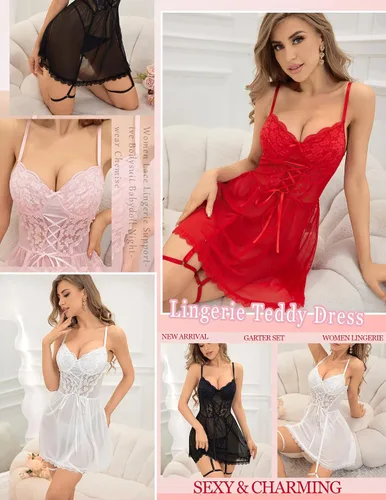 Vista 5 de Maysoar Lingerie for Women Lace Babydoll Lingerie with Garter Belt Teddy Chemise with Skirt