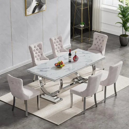 Vista 3 de Juego de mesa de comedor de mármol sintético, 7 piezas, juego de mesa de cocina y comedor para 6, mesa de comedor rectangular blanca de 70 pulgadas