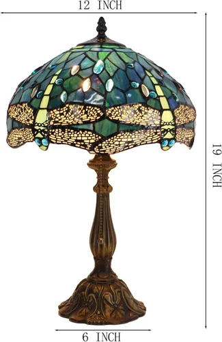 Vista 2 de Tiffany Lamp Stained Glass Table Lamp Bedside Reading Light W12H19 Inches (Sea Blue Dragonfly Style)