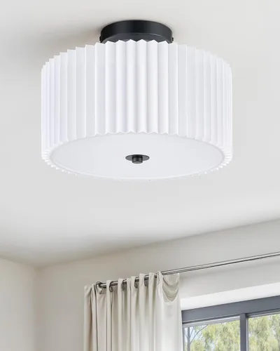 Vista 9 de VONLUCE Lámpara de techo semiempotrada de 12.2 pulgadas, moderna lámpara de techo de 2 luces con pantalla de tambor plisada blanca, 2 enchufes E26