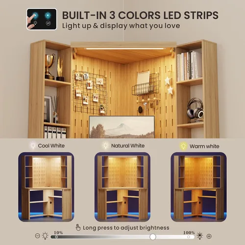 Vista 3 de Escritorio esquinero para computadora con luces LED, escritorio de estudio en forma de L con gabinete y estantes, escritorio triangular para oficina