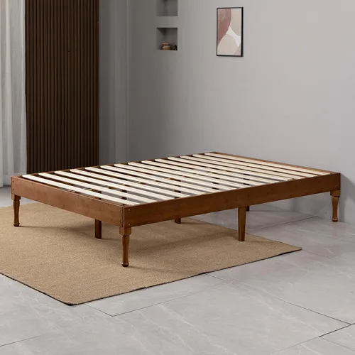 Vista 6 de Marco de cama de plataforma de madera de bambú de 14 pulgadas, soporte de listones de madera, no necesita somier, fácil montaje, café, tamaño Queen
