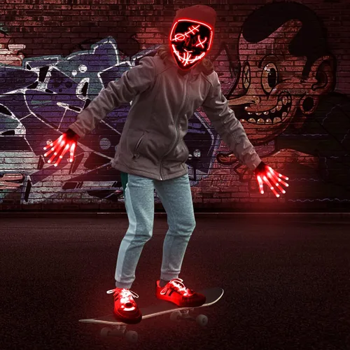 Vista 4 de Juego de 3 máscaras LED de Halloween con luces y cordones brillantes máscara de miedo disfraz de Halloween fiesta de cosplay para adultos y niños