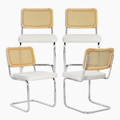Vista 11 de Juego de 2 sillas de comedor de terciopelo con respaldo de ratán, diseño moderno Breuer con base cromada inoxidable sin brazos tapizada para Beige