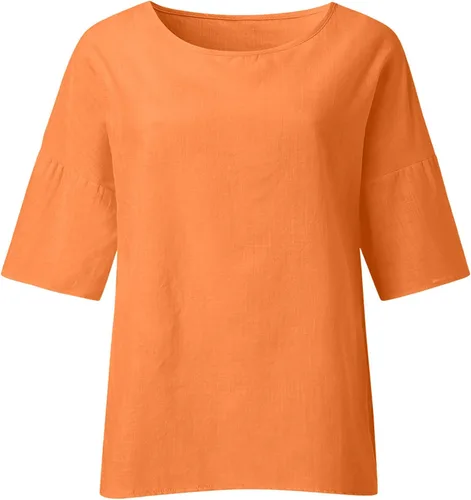 Vista 4 de DASAYO Camisa de cuello redondo para mujer, de algodón, lino, color liso, casual, cómoda, holgada, para salir, ropa de verano