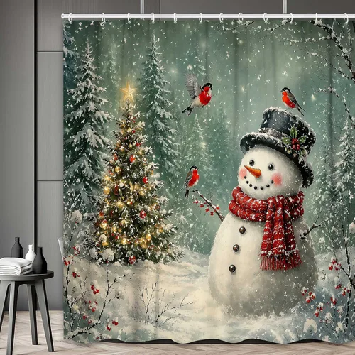 Vista 9 de Christmas Shower Curtain Gnome Winter Shower Curtain Snowy Forest Birth Tree with Cute Fun Gnome Bath Curtain Xmas New Year Bathroom Decor Bathroom