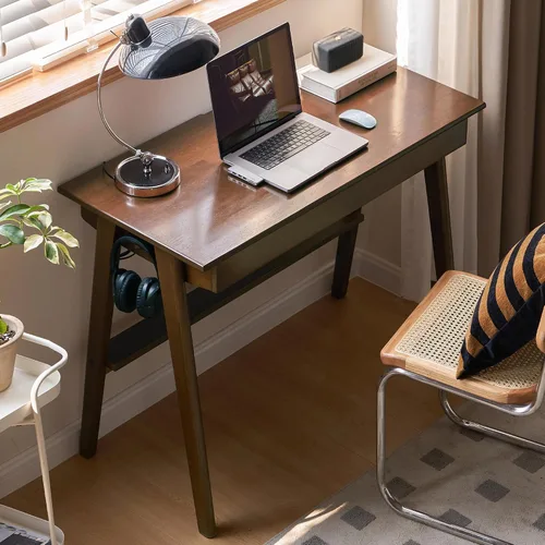 Vista 18 de Escritorio de madera maciza con acabado de nogal, escritorio pequeño para oficina en casa, escritorio de computadora para espacios pequeños