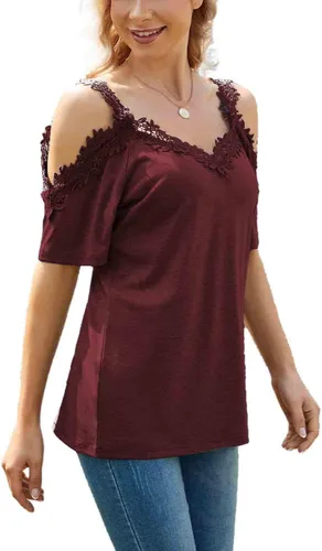 Vista 3 de KKG Camisetas sexys con hombros descubiertos para mujer, estilo casual, con hombros descubiertos, manga corta, hombros abiertos