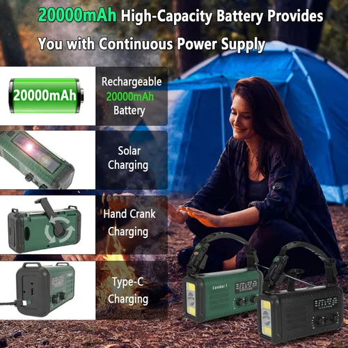 Vista 5 de Radio meteorológica de emergencia (Condor 1) NOAA/AM/FM con radio portátil de 74000 mWh, carga USB-C/solar/manivela, alarma SOS, linterna, lámpara