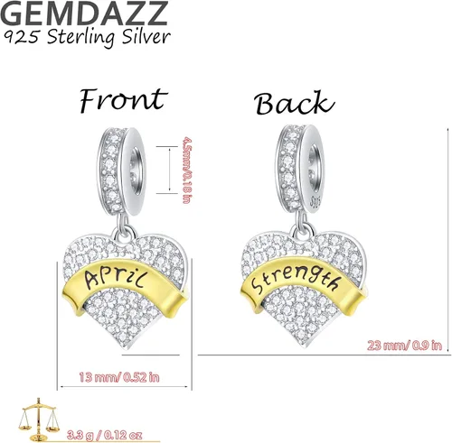 Vista 2 de GEMDAZZ Dijes de piedra natal de cumpleaños de enero a diciembre para pulsera de dije, 2 tonos de plata de ley 925 con cuentas de corazón