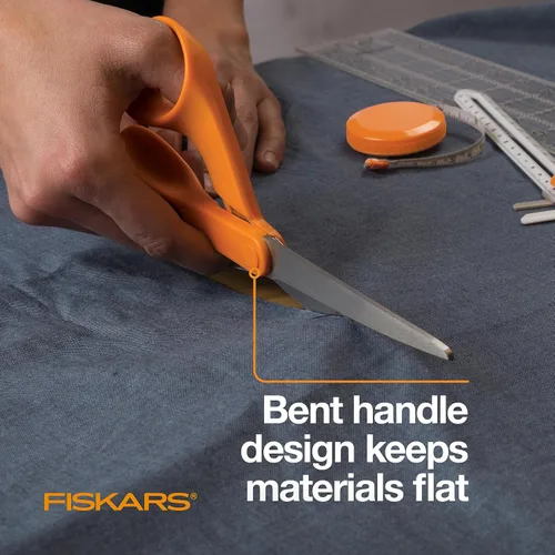 Vista 4 de Fiskars Tijeras originales de acero inoxidable con mango naranja de 8 pulgadas, ergonómicas y mantienen el material plano, tijeras afiladas