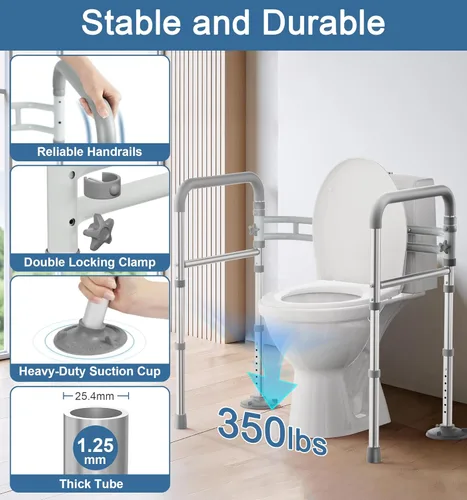 Vista 5 de HOMLAND Rieles de seguridad para inodoro para personas mayores, altura y ancho ajustables, asas de inodoro de 350 libras para ancianos