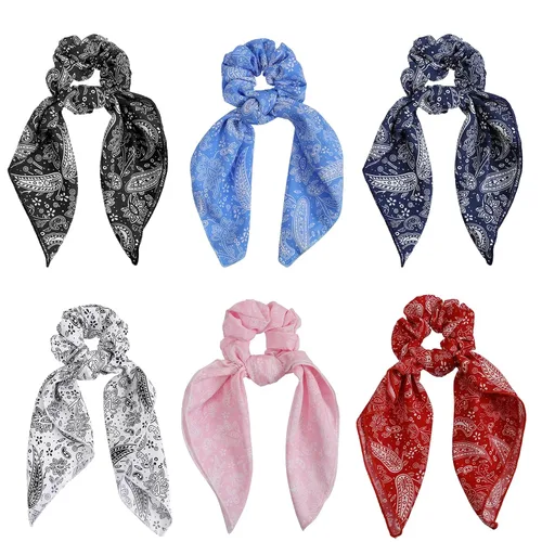 Vista 11 de Bufanda para el cabello, coleta de caballo con 6 bufandas, estampado de flores de cachemira, material de gasa, para mujeres y niñas, accesorios