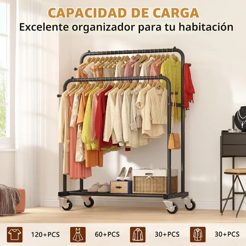 Vista 8 de Laiensia - Perchero de doble varilla con ruedas, estante para colgar ropa, 4 ganchos, estante multifuncional para dormitorio, color negro