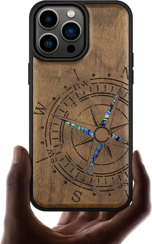 Vista 7 de Carveit Funda magnética de madera de diseñador para iPhone 14 Pro Max, grabado en madera e incrustaciones de concha, funda de madera única