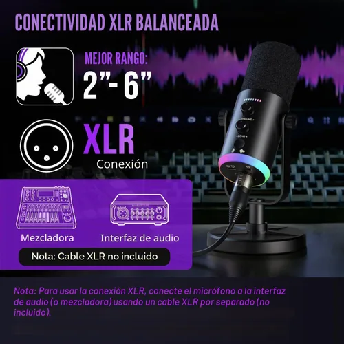 Vista 5 de Micrófono dinámico, USB-C/XLR para grabación de podcasts, grabación de podcasts, juegos y juegos con luz RGB, botón de silencio, soporte