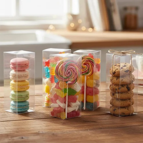 Vista 3 de Peohud 80 cajas transparentes para regalos, 2 cajas transparentes de 2 x 2 x 6 pulgadas, cajas de embalaje de plástico con chocolate macarrón