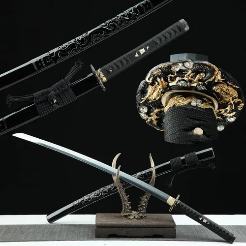 Vista 5 de Espada Katana negra de 41 pulgadas, acero de alto carbono, parte superior afilada, hecha a mano, espada samurái japonesa espiga completa