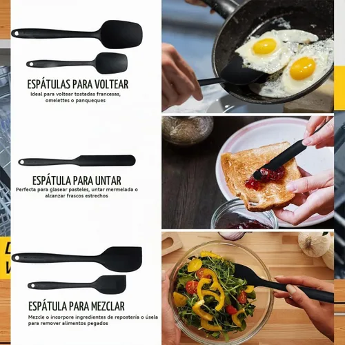 Vista 3 de Juego de espátulas de silicona resistente al calor, espátula de goma de grado alimenticio, 6 piezas, color negro Negro (balck)
